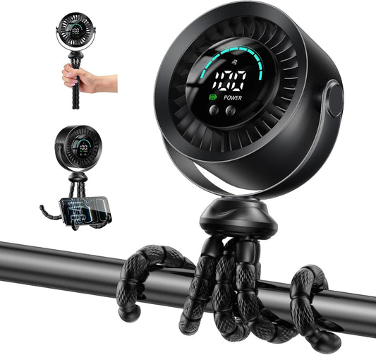 Portable Baby Stroller Fan, 360° Adjustable Quiet Rechargeable USB Clip Fan with LED Display, 100 Speeds, Black