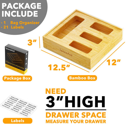 Bag Storage Organizer for Kitchen Drawer, Bamboo Organizer, Compatible with Gallon, Quart, Sandwich and Snack Variety Size Bag (1 Box 4 Slots)