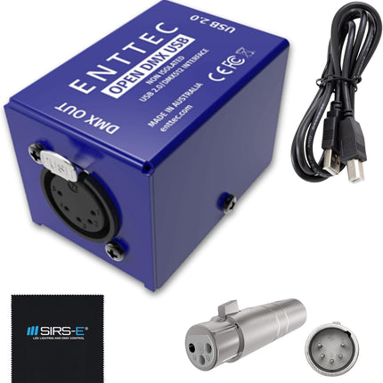 Enttec Open DMX USB 70303 Lighting Interface Controller Widget (Open Source/Hardware) Bundle SIRS-E 5 Pin to 3 Pin XLR Adapter w/SIRS-E Polishing Cloth
