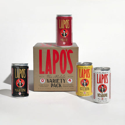 Lapo's Mocktail Variety Pack, Includes Espresso Martini, Pomegranate Mule, Spritz & Negroni, Non Alcoholic Drinks, Gluten Free, Alcohol Free Cocktails, Natural Ingredients, 8 FL OZ Cans, 4 Pack