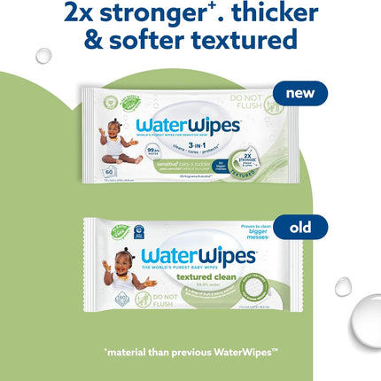 WaterWipes Sensitive+ Baby & Toddler Wipes, 3-In-1 Cleans, Cares, Protects, 99.9% Water, Textured Clean, Unscented & Hypoallergenic, 60 Count (1 Pack)