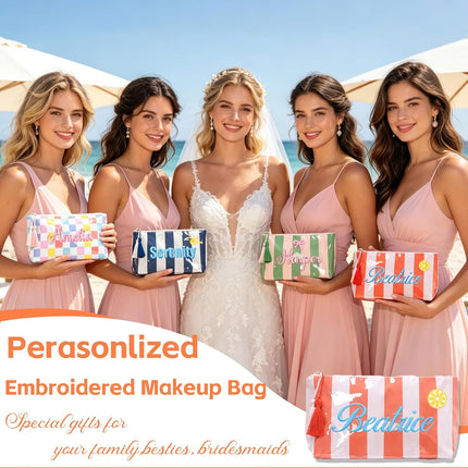 Personalized Embroidered Travel Makeup Bag for Women, Custom Waterproof Striped Skincare Makeup Storage w/ Name, Large PVC Coat Toiletry Bag for Summer Pool Beach, Wedding Bridesmaids Birthday Gifts