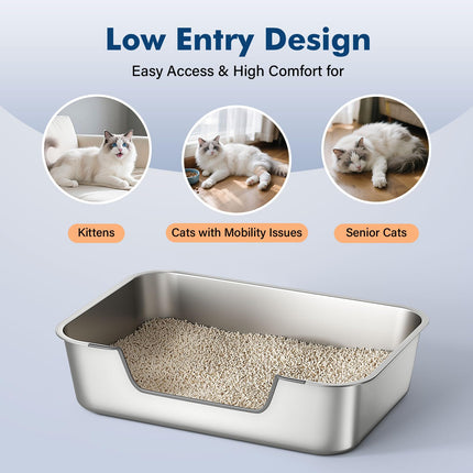 Stainless Steel Cat Litter Box with Low Entry, Metal Kitty Litter Box for Senior or Injured Cats, Odor-Free, Non-Stick, Easy to Clean, 17.5"x13.6"x5.9", Litter Pan for Medium and Small Cats
