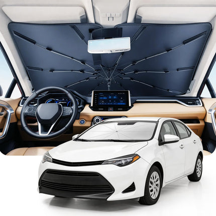 Umbrella Windshield Sun Shade for Car & SUV, Car Sunshade for Front Windshield [Nano Ice-Crystal Coatings] UPF50+ Heat & UV Block, Protect Interior & Keep Cooler Universal for Most of Sedan & SUV