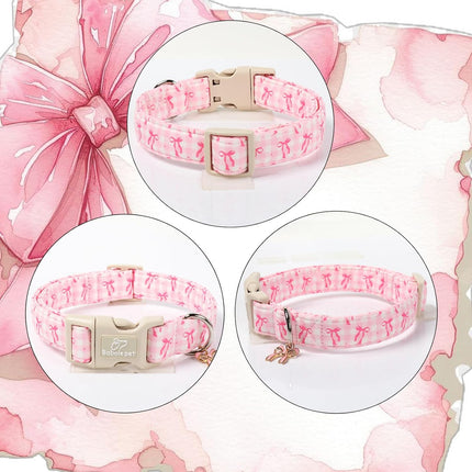 Girl Dog Collar for Puppy Small Dogs - Cute Pink Plaid & Bow Print Spring/Summer Puppy Collar, Soft Adjustable Holiday Female Dog Collars with Quick Release Buckle XS