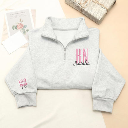 Custom Name Nurse Embroidered Quarter-Zip Sweatshirt with Title – RN Gift for Nursing Assistant or Nurse Graduation