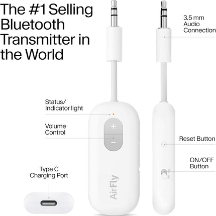 Twelve South AirFly SE | Bluetooth Wireless Audio Transmitter Adapter for AirPods/Headphones, 20+ Hr Battery, Works with 3.5mm aux Jacks on Airplanes, TVs, Gym Equipment, and Travel