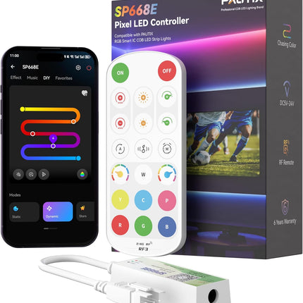 PAUTIX Bluetooth Music Pixel Smart LED Controller SP668E,for WS2811 WS2812 SM16703 Addressable Dream Color LED Strip Pixels Light DC5V-24V APP/RF Remote Control(NOT for RGB LED Strip without Smart IC)