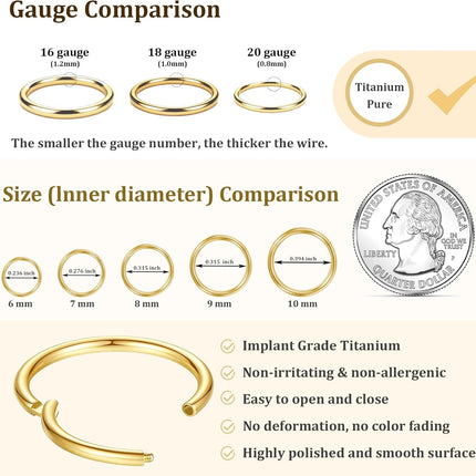 20G 18G 16G Titanium Nose Ring Hoop, Cartilage Hoop Earrings for Women Men Silver Gold Nose Ring Septum Ring Tragus Conch Helix Daith Lip Piercing Jewelry 6mm/7mm/8mm/9mm/10mm