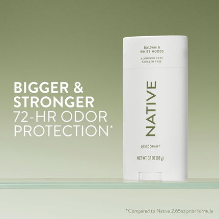 Native Aluminum Free Deodorant, Balsam & White Woods, Large Size Stick, 72 Hour Odor Control, for Women & Men, Contains Naturally Derived Ingredients, 3.1 oz