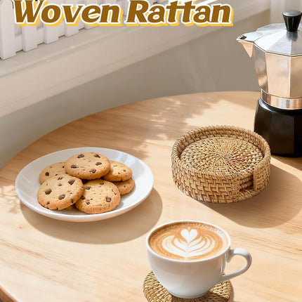 4pcs Natural Handmade Rattan Coasters with Holder - Wicker Drink Coasters Set for Protecting Table, Housewarming Gifts Boho Fall Home Decor