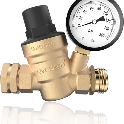 RVGUARD RV Water Pressure Regulator Valve, Lead-Free Brass Adjustable Water Pressure Reducer with Gauge and Inlet Screen Filter for RV Camper Travel Trailer