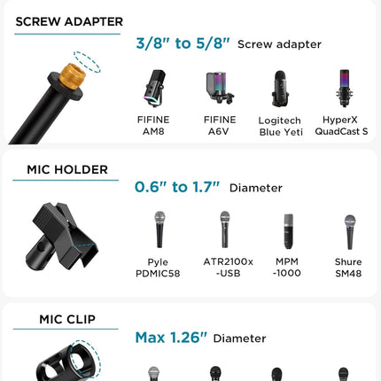 InnoGear Microphone Stand, Tripod Boom Arm Floor Mic Stand Height Adjustable Heavy Duty with Carrying Bag 2 Mic Clips 3/8" to 5/8" Adapter for Singing Podcast for Blue Yeti Shure SM58 SM48 Samson Q2U