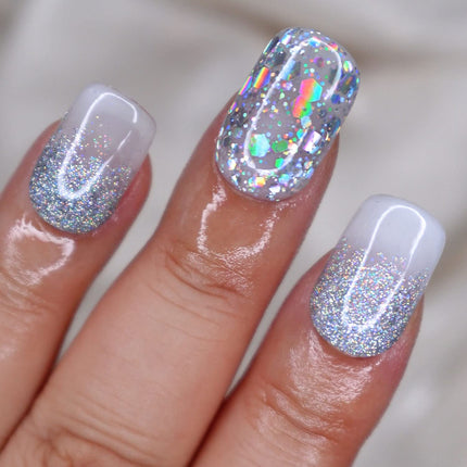 10 Pcs Handmade Press on Nails (Large, Futuristic - Holo Silver Chunky Glitter Mix with Unicorn Dust/Extra Short Rounded Square) A092L