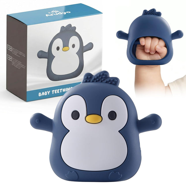 Baby Teething Toys for 3-6 Months Silicone Teething Mittens for Babies Food Grade Silicone Teether (Penguin Black