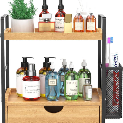Wood Bathroom Counter Organizer with Drawer & Basket, 2-Tier