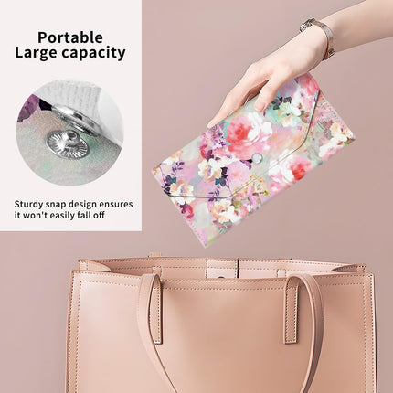 PU Leather Cash Envelopes Wallet, Reusable Money Savin Wallet, Cute Budget Envelope with 4 Dividers & 1 Sheets Budget Labels Watercolor Pastel Flowers