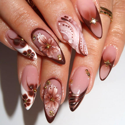 24Pcs Brown French Tip Press on Nails - Medium Almond Fake Nails with 3D Rhinestones Pearls Design Brown Lily Flower False Nails Nude Glossy Full Cover Chrome Gold Artificial Glue on Nails for Women