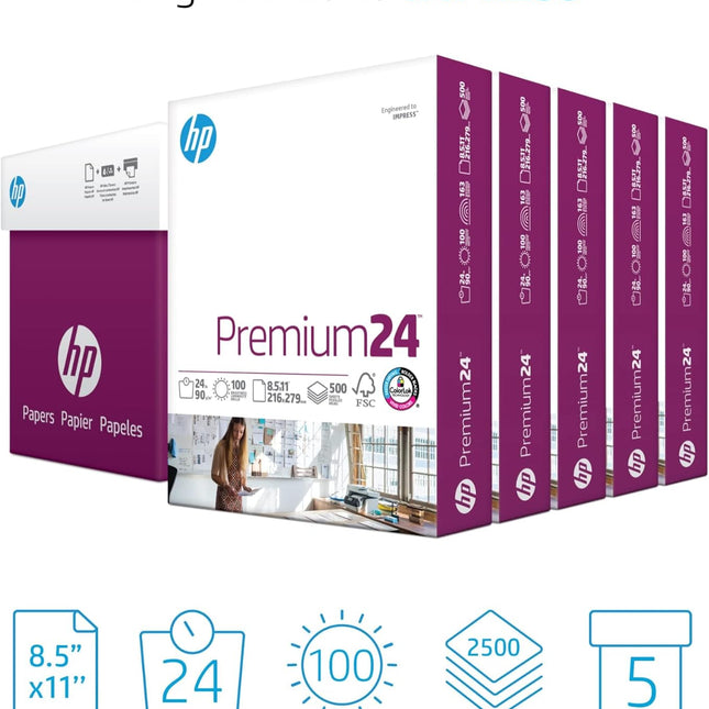 Printer Paper | 8.5 x 11 Paper | Premium 24 lb | 5 Ream Case - 2500 Sheets | 100 Bright | Made in USA - FSC Certified