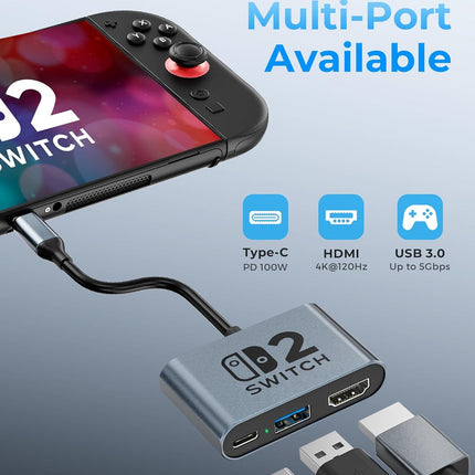 Switch 2 Dock,Portable USB C Docking Station with 4K@120Hz/PD 100W/USB 3.0 Port,Aluminum Alloy Travel TV Dock for Switch/Steam Deck/ROG Xbox Ally X/Legion Go 1/2/S
