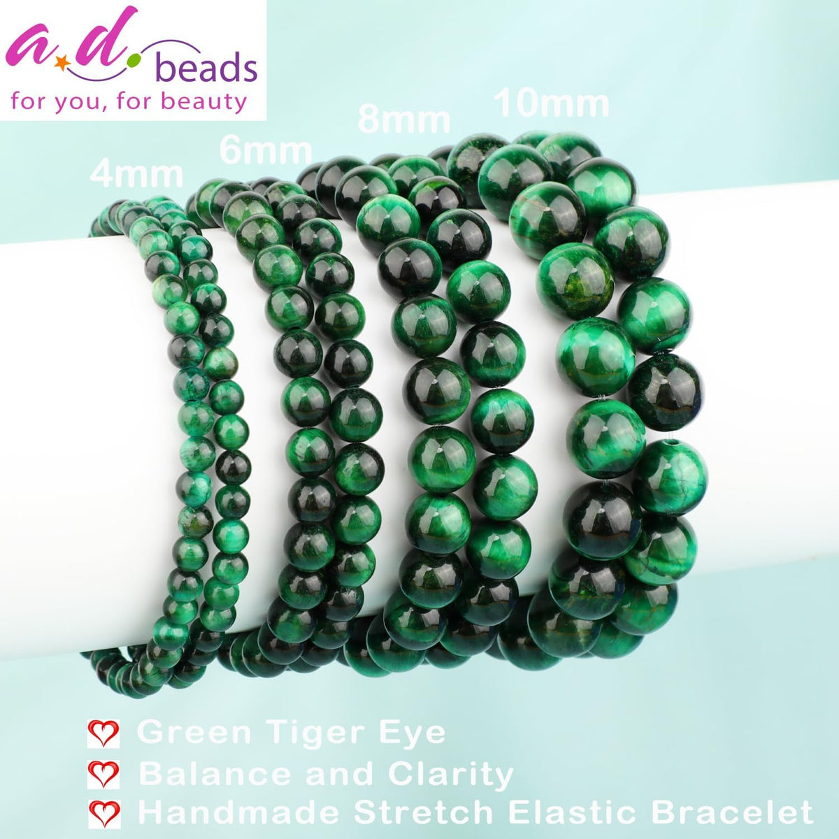 10mm Green Tiger Eye Elastic Stretch Bracelet - photo 4