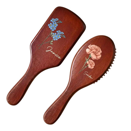 Personalized Birth Month Flower Wooden Hair Brush, Custom Name Wooden Hairbrush for Girl, Bridesmaid Proposal Gift, Mother's Day Present for Mom, Daughter