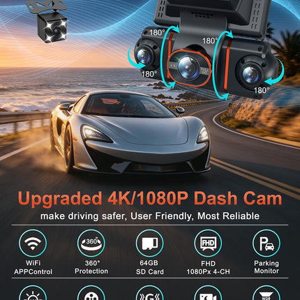 4K+1080P*3 FHD Dash Cam Front and Rear, 360° Car Camera, 5.8GHz WiFi 20MB/s