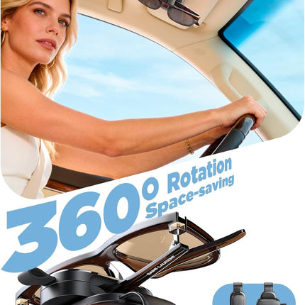 Sunglass Holder for Car, Chfeila Upgrade 360° Rotating & One-Hand Operation Magnetic Glasses Clip, Leather Sun Eyeglass Visor Organizer, Scratch-Free Eyewear Hanger for Car Accessories Gadgets - Black