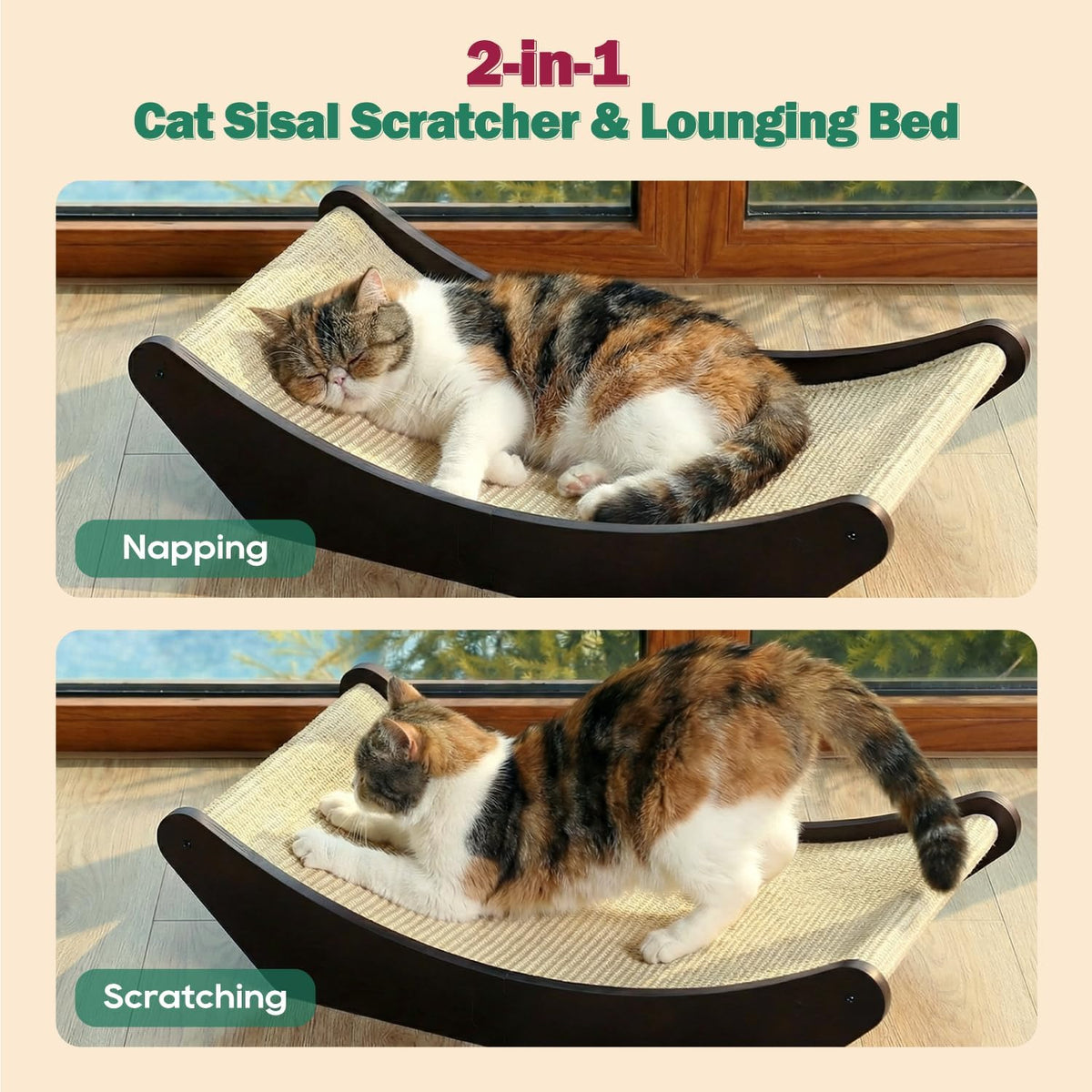 Cat Sisal Scratching Bed Hammock, 2-in-1 Cat Scratcher & Lounging Bed, 100% Natural Sisal Mat, Solid - photo 2