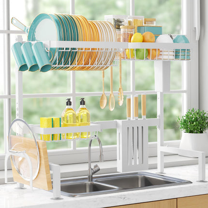 Over The Sink Dish Drying Rack - Adjustable 2 Tier Large Capacity Stainless Steel Drainer with Cutlery & Utensil Holders, Kitchen Storage & Organization, 30"-33.9" L x 11" W x 21.5" H, Black