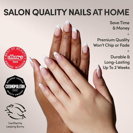 Press On Nails - MaDamn | French Tip UV Finish Short Pointed Almond Fake Nails, Salon Quality Semi-Transparent Nails in 12 Sizes - 24 Nail Kit with Glue