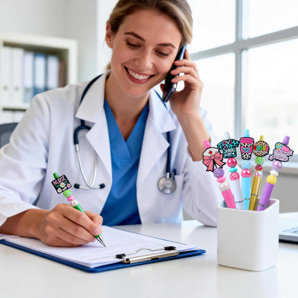 Nurse Pens, 6 Pcs Beadable Pens for Nurses Cute Ballpoint Apprieciation Week Gifts Nursing Medical Students Fun Pens