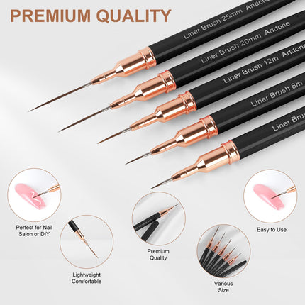 Metallic Nail Art Pens, Liner Brushes Set, 5PCS Black Nail Tools