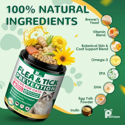Flea and Tick Prevention for Cats, 500 Cat Flea Treatment, Natural Oral Flea Treatment for Cаts with Vitamins - Supports Skin & Coat, Digestive Health for All Breeds & Ages, Chicken Flavor