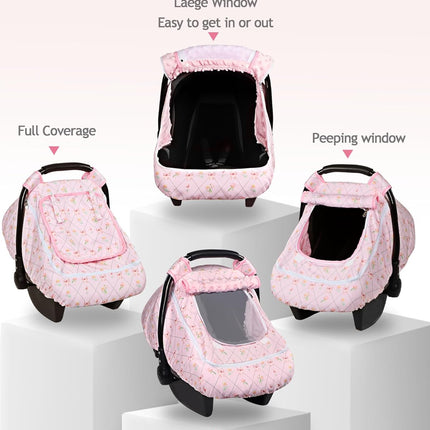 Car Seat Cover Baby Girls, Infant Carseat Covers with Mesh, Dual-Layer Protection for Summer Winter, Easy Access Newborn Canopy Breathable, Windproof & Fit Baby Stroller, Flower Bow