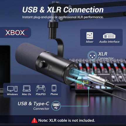 TONOR Dynamic Podcast Microphone for Studio, Cardioid XLR/USB Mic, AI Noise Cancellation, Tap Mute, 3.5mm Headphone Jack for Monitoring, Volume Control, Microfono with Boom Arm, Black, TD510 AIR H+
