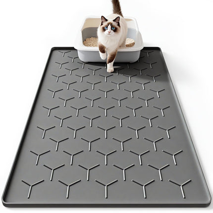 Silicone Cat Litter Mat, 24"x16", Raised Edge Waterproof, Grey