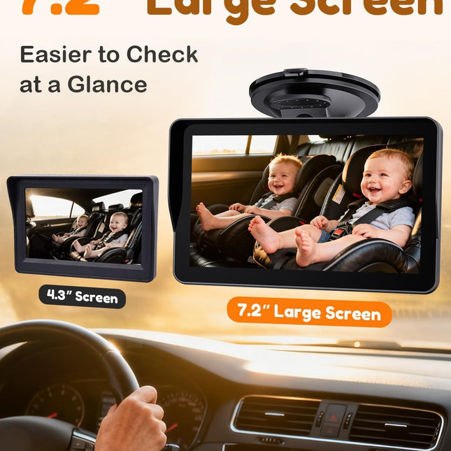 HD Baby Camera for Car 7.2-Inch: 3X Larger View, 5-Min USB Easy to Install, 1080P Auto Night Vision  - photo 2