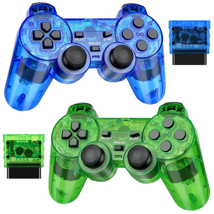 GamingBoy Wireless Controller for PS2, 2 Pack 2.4G Dual Vibration Gamepad Joystick Compatible for Play station 2, Ps-2 Game Remote with Wireless Receivers (Clear Blue and Clear Green)