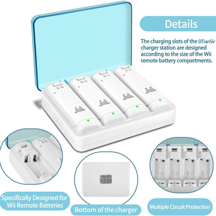 Wii Remote Battery Charger,4 in 1 Charging Station with 4 Pack 2800mAh Rechargeable Battery,USB Cable for Wii/Wii U Remote Controller (White)