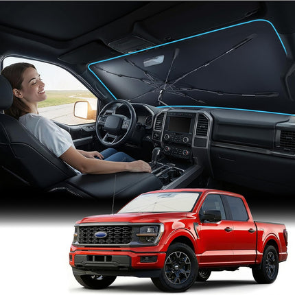 Nmoiss [Vinyl Coating Heat Shield] Windshield Sun Shade Umbrella, Compatible with Ford F150 F250 F350 All Models, F-Series Truck Accessories to Block UV Rays, Reduce Heat & Protect Interior