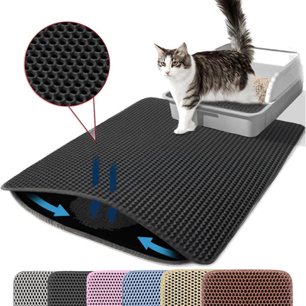 Cat Litter Mat, 24x18 Inches Large Double Layer Honeycomb Cat Litter Trapping Mat, Non Slip Waterproof Urine Proof Cat Litter Box Mat for Floor, Kitty Litter Rug, Cat Supplies, Black