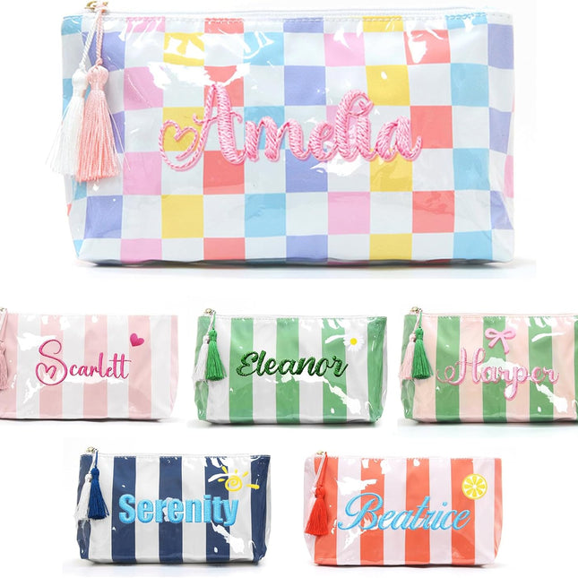 Embroidered Travel Makeup Bag for Women, Custom Waterproof Striped
