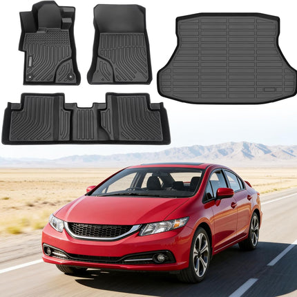 Floor Mats for Honda Civic & Civic Si 2012-2015 (Only for Sedan, Not for Coupe), Custom Fit Heavy Duty TPE All Weather Protection, Waterproof Non-Slip Black (Two-Row Floor Mats & Cargo Liner)
