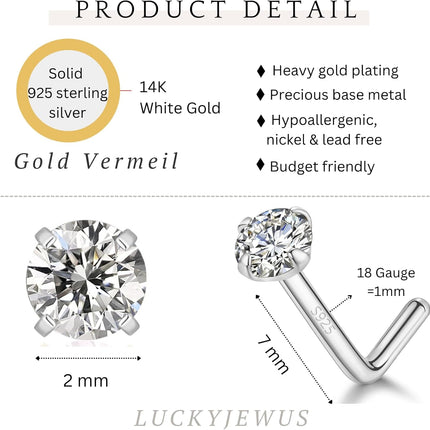 LUCKYJEWUS 925 Sterling Silver Nose Rings Studs for Women Men, 18G / 20G / 22G / 24G L Shaped Nose Stud Nose Piercing Jewelry