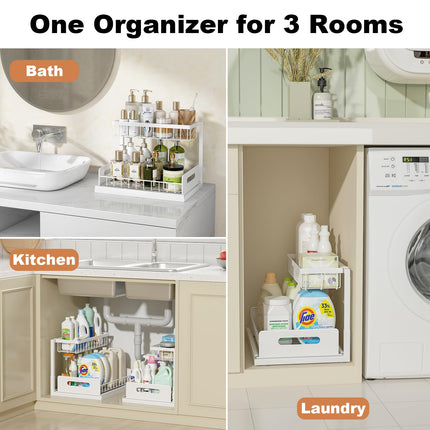 Under Sink Organizer, L-Shaped 2 Tier Pull Out Cabinet Organizer