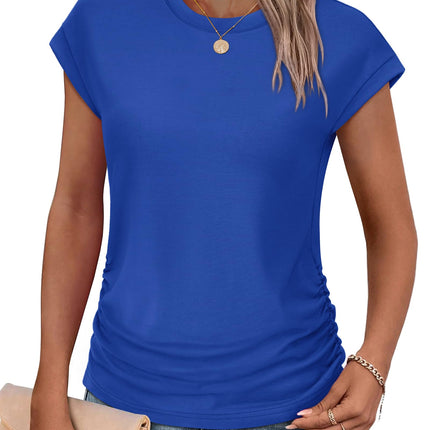 Womens Summer Tops Trendy 2026 Ruched Cap Short Sleeve Tshirts Shirts Crew Neck T Shirts Fashion