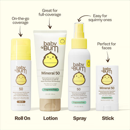 Baby Bum SPF 50 Sunscreen Spray - Mineral UVA/UVB Face and Body Protection for Sensitive Skin - Fragrance Free - Travel Size - 3 oz