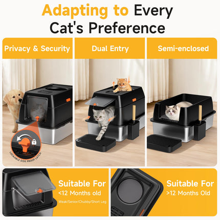 XL Enclosed Stainless Steel Litter Box with Lid,Black