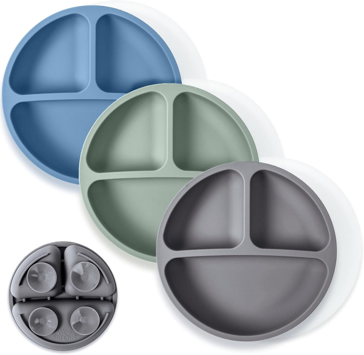 Suction Plates with Lids for Babies & Toddlers - 100% Silicone, Dinnerware Stays Put, Divided Design for Picky Eaters